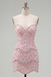 Sparkly Pink Beaded Bodycon Floral Short Cocktail Dress
