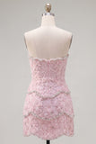 Sparkly Pink Beaded Bodycon Floral Short Cocktail Dress