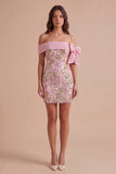 Off the Shoulder Sparkly Pink Floral Short Cocktail Dress