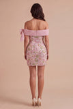 Off the Shoulder Sparkly Pink Floral Short Cocktail Dress