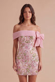 Off the Shoulder Sparkly Pink Floral Short Cocktail Dress
