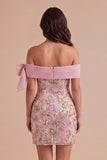 Off the Shoulder Sparkly Pink Floral Short Cocktail Dress