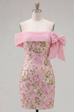 Off the Shoulder Sparkly Pink Floral Short Cocktail Dress