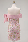 Off the Shoulder Sparkly Pink Floral Short Cocktail Dress