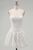 White A Line Lace Floral Strapless Short Cocktail Dress