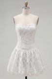 White A Line Lace Floral Strapless Short Cocktail Dress