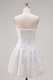 White A Line Lace Floral Strapless Short Cocktail Dress