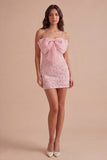 Sparkly Pink Beaded Short Bodycon Floral Cocktail Dress with Bow