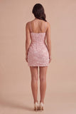 Sparkly Pink Beaded Short Bodycon Floral Cocktail Dress with Bow