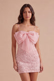 Sparkly Pink Beaded Short Bodycon Floral Cocktail Dress with Bow