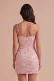 Sparkly Pink Beaded Short Bodycon Floral Cocktail Dress with Bow