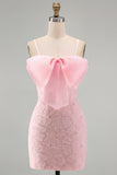 Sparkly Pink Beaded Short Bodycon Floral Cocktail Dress with Bow