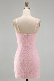 Sparkly Pink Beaded Short Bodycon Floral Cocktail Dress with Bow