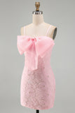 Sparkly Pink Beaded Short Bodycon Floral Cocktail Dress with Bow