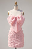 Sparkly Pink Beaded Short Bodycon Floral Cocktail Dress with Bow