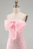 Sparkly Pink Beaded Short Bodycon Floral Cocktail Dress with Bow