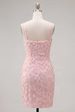 Sparkly Pink Beaded Short Bodycon Floral Cocktail Dress with Bow