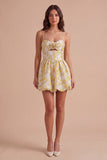 Yellow Floral A Line Spaghetti Straps Short Cocktail Dress