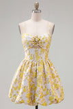 Yellow Floral A Line Spaghetti Straps Short Cocktail Dress