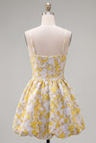 Yellow Floral A Line Spaghetti Straps Short Cocktail Dress