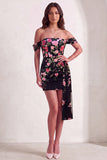 Bodycon Floral Off the Shoulder Black Short Cocktail Dress