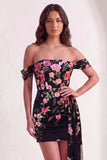 Bodycon Floral Off the Shoulder Black Short Cocktail Dress