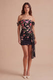 Bodycon Floral Off the Shoulder Black Short Homecoming Dress