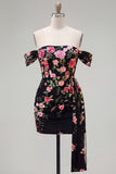 Bodycon Floral Off the Shoulder Black Short Homecoming Dress