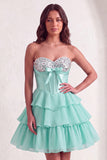 Mint A Line Corset Sparkly Sequined Short Cocktail Dress with Ruffles
