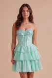 Mint A Line Corset Sparkly Sequined Short Cocktail Dress with Ruffles