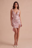 Pink Sparkly Floral Sequin Beaded Bodycon V-Neck Short Cocktail Dress with Slit