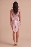 Pink Sparkly Floral Sequin Beaded Bodycon V-Neck Short Cocktail Dress with Slit