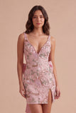 Pink Sparkly Floral Sequin Beaded Bodycon V-Neck Short Cocktail Dress with Slit