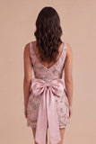 Pink Sparkly Floral Sequin Beaded Bodycon V-Neck Short Cocktail Dress with Slit