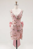 Pink Sparkly Floral Sequin Beaded Bodycon V-Neck Short Cocktail Dress with Slit