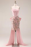 Sparkly Pink Corset Bodycon Strapless Short Cocktail Dress with Bow