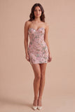 Bodycon Sparkly Sequined Pink Floral Short Cocktail Dress