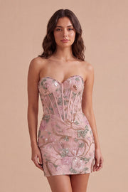 Bodycon Sparkly Sequined Pink Floral Short Cocktail Dress