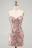 Bodycon Sparkly Sequined Pink Floral Short Cocktail Dress