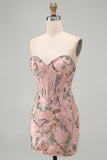 Bodycon Sparkly Sequined Pink Floral Short Cocktail Dress