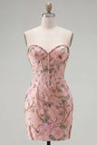 Bodycon Sparkly Sequined Pink Floral Short Cocktail Dress
