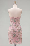 Bodycon Sparkly Sequined Pink Floral Short Cocktail Dress
