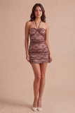 Sparkly Chocolate Bodycon Floral Halter Neck Short Cocktail Dress with Beading