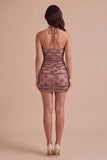 Sparkly Chocolate Bodycon Floral Halter Neck Short Cocktail Dress with Beading