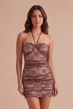 Sparkly Chocolate Bodycon Floral Halter Neck Short Cocktail Dress with Beading