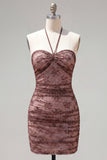 Sparkly Chocolate Bodycon Floral Halter Neck Short Cocktail Dress with Beading