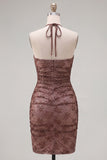 Sparkly Chocolate Bodycon Floral Halter Neck Short Cocktail Dress with Beading