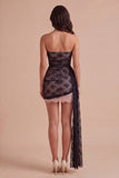 Sparkly Beaded Black Ruched Lace Short Cocktail Dress