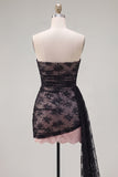 Sparkly Beaded Black Ruched Lace Short Cocktail Dress