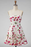 Pink Red Floral A-Line Spaghetti Straps Short Cocktail Dress